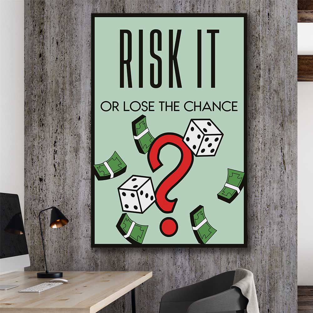 Inspirational wall art print of Roll the Dice on a stretched canvas displayed in a room
