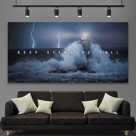 Inspirational wall art print of Stand Tall on a stretched canvas displayed in a room