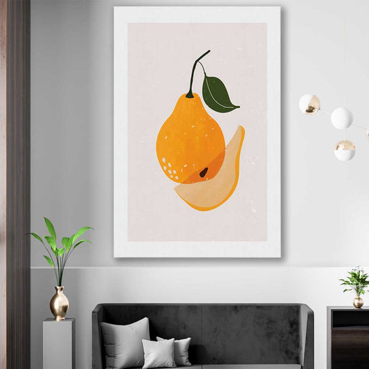Brown Pear stretched canvas displayed in a room is a colourful and stylish canvas wall art and print suited for the kitchen area