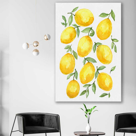 Lemon Bunch stretched canvas displayed in a room is a colourful and stylish canvas wall art and print suited for the kitchen area