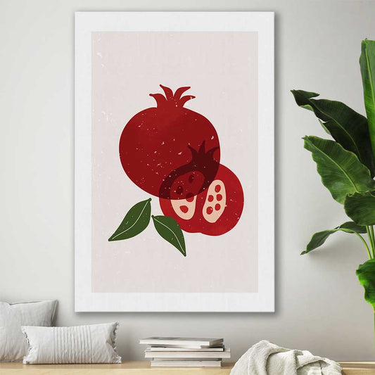 Red Pomegranate stretched canvas displayed in a room is a colourful and stylish canvas wall art and print suited for the kitchen area