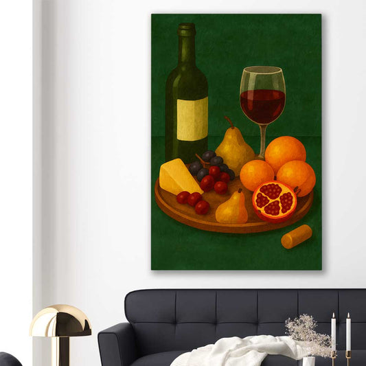 Wine at Dusk One stretched canvas displayed in a room is a colourful and stylish canvas wall art and print suited for the kitchen area