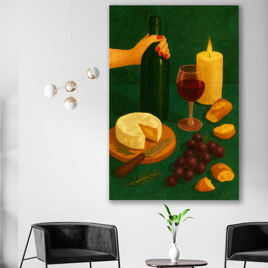 Wine at Dusk Two stretched canvas displayed in a room is a colourful and stylish canvas wall art and print suited for the kitchen area