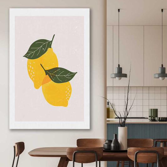Yellow Lemon stretched canvas displayed in a room is a colourful and stylish canvas wall art and print suited for the kitchen area