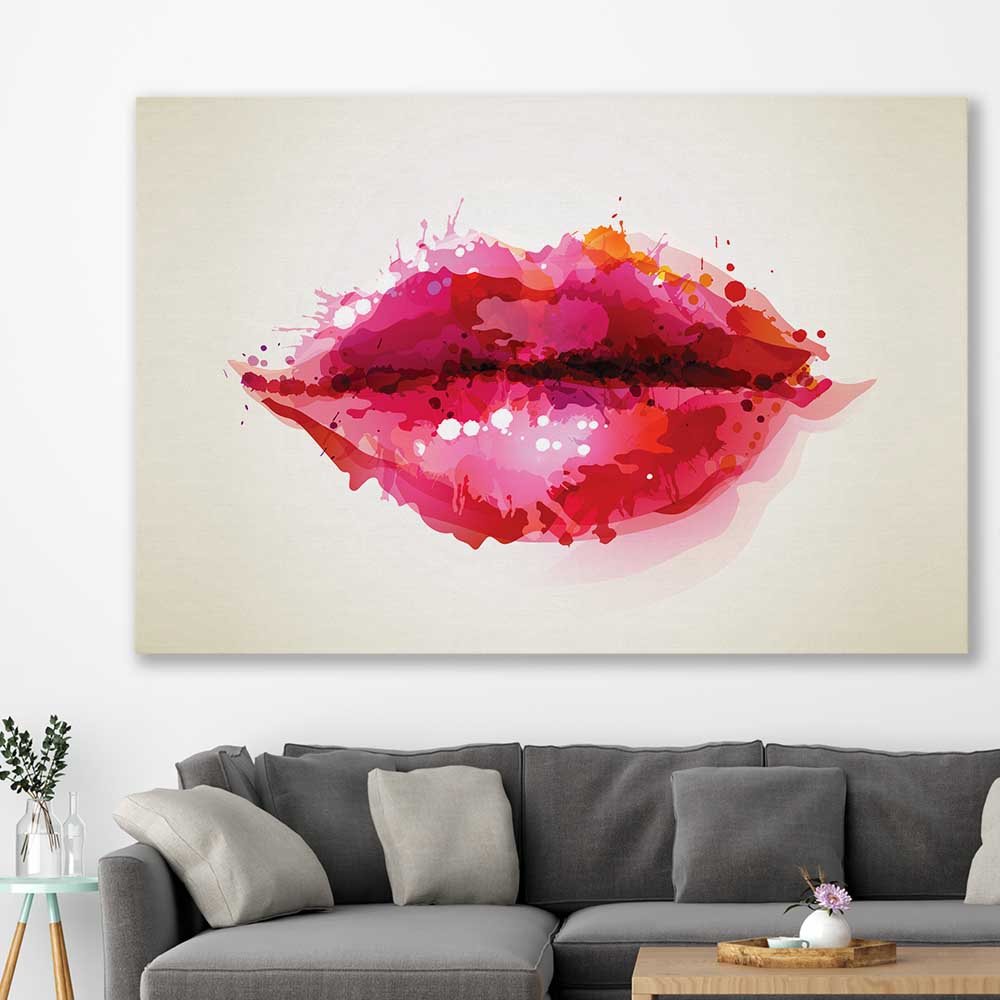 Abstract Lips stretched canvas displayed in a room - part of our high quality canvas lips wall art collection