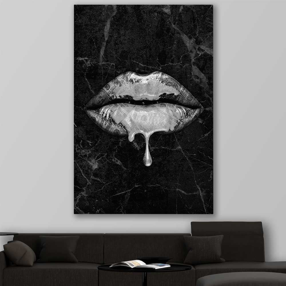 Darkened Lust stretched canvas displayed in a room - part of our high quality canvas lips wall art collection