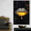 Golden Lust stretched canvas displayed in a room - part of our high quality canvas lips wall art collection