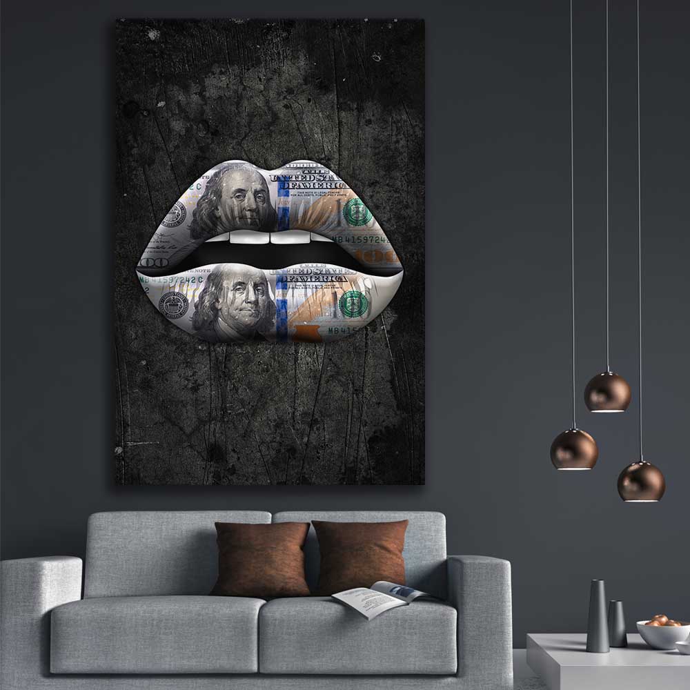 Money Lips stretched canvas displayed in a room - part of our high quality canvas lips wall art collection