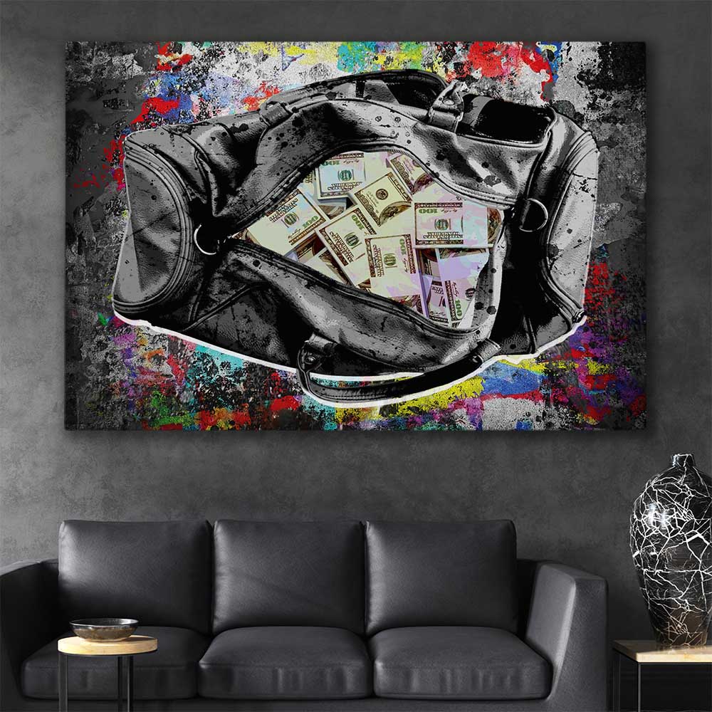Money wall art print of Cash Duffel on a stretched canvas displayed in a room