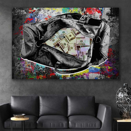 Money wall art print of Cash Duffel on a stretched canvas displayed in a room