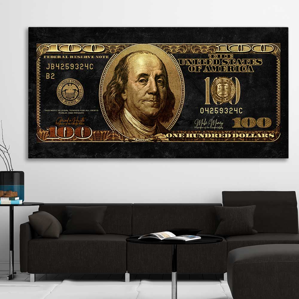 Money wall art print of Golden Bill on a stretched canvas displayed in a room