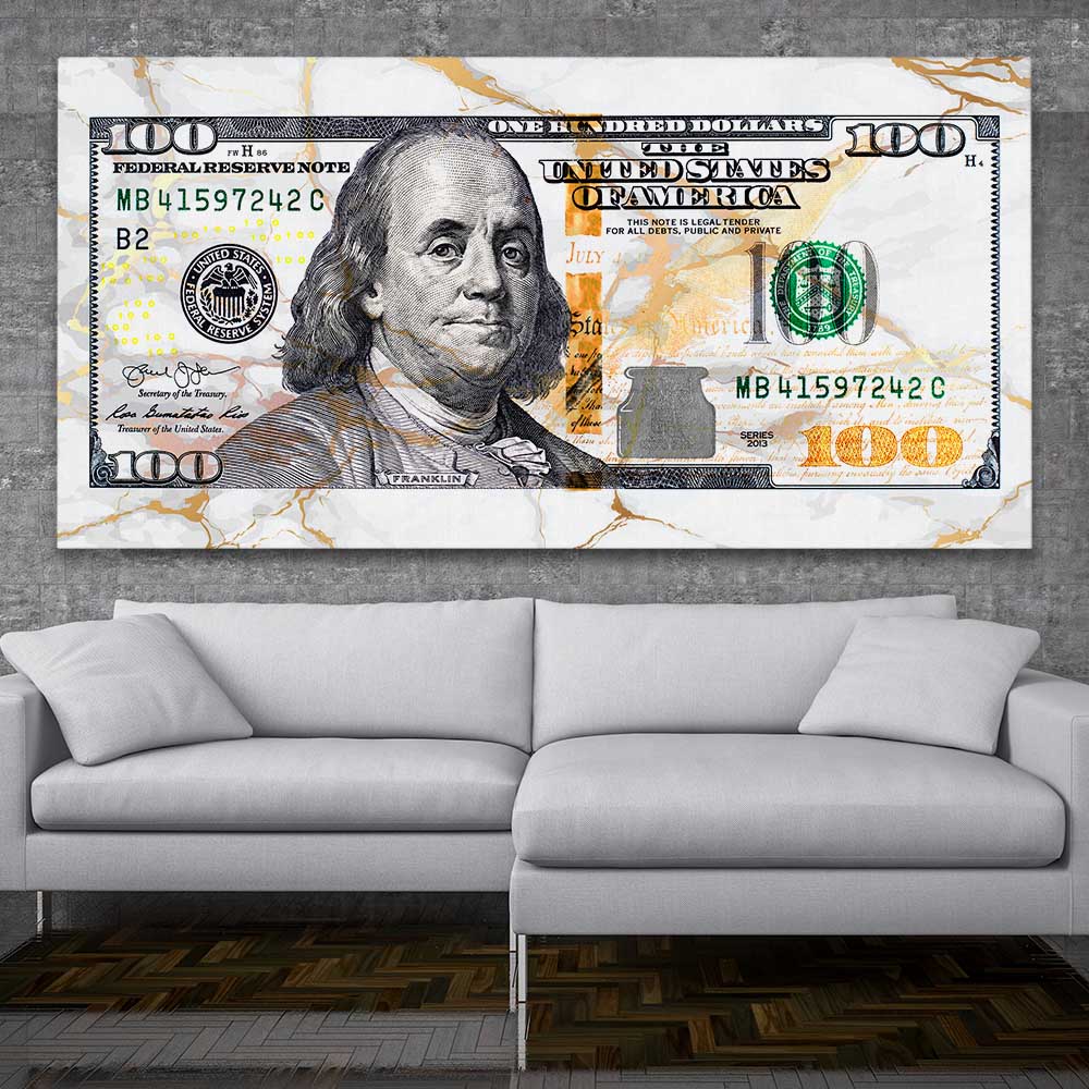 Money wall art print of Marble Bill on a stretched canvas displayed in a room