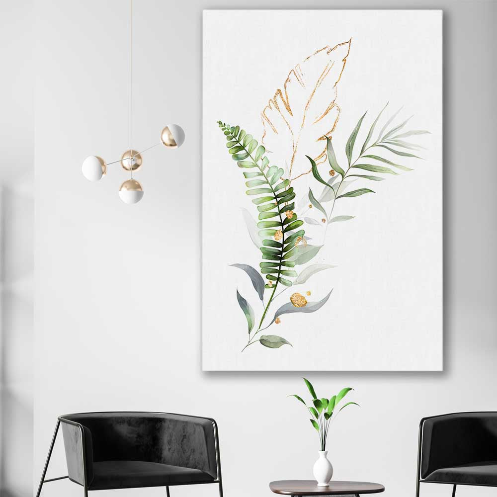 Floral print of Botanic Gold Two on a stretched canvas displayed in a room