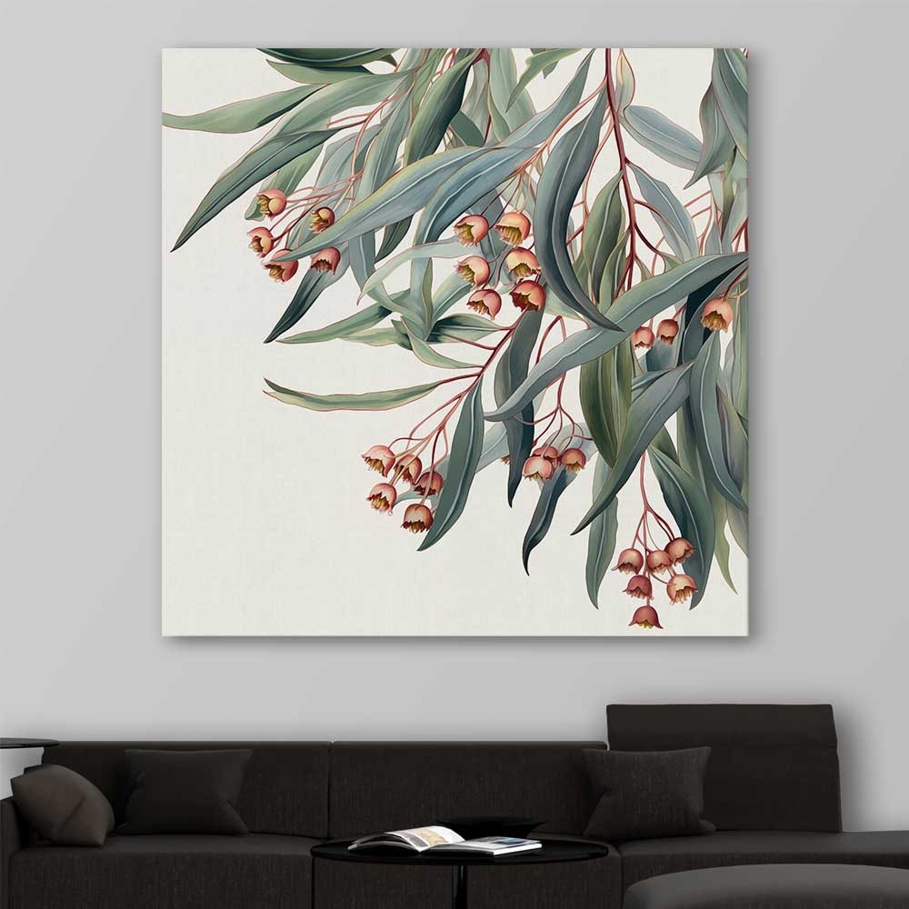 Floral print of Eucalyptus Illustration on a stretched canvas displayed in a room