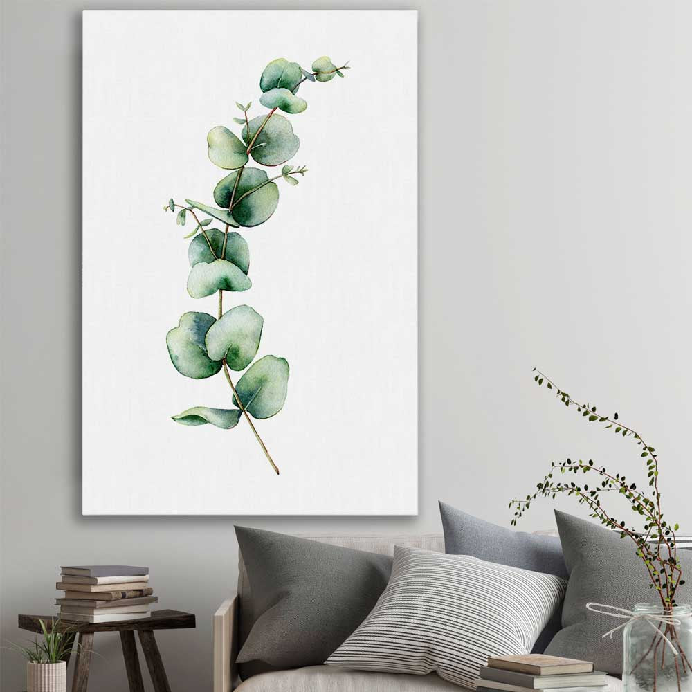 Floral print of Eucalyptus One on a stretched canvas displayed in a room