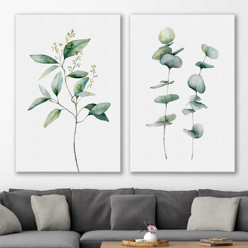 Floral print of Eucalyptus Pair One on a stretched canvas displayed in a room