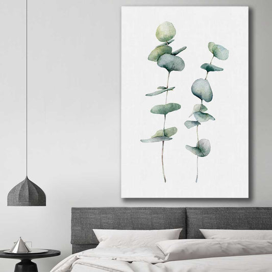 Floral print of Eucalyptus Three on a stretched canvas displayed in a room