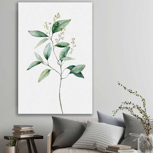 Floral print of Eucalyptus Two on a stretched canvas displayed in a room