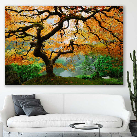 Floral print of Japanese Maple Tree on a stretched canvas displayed in a room