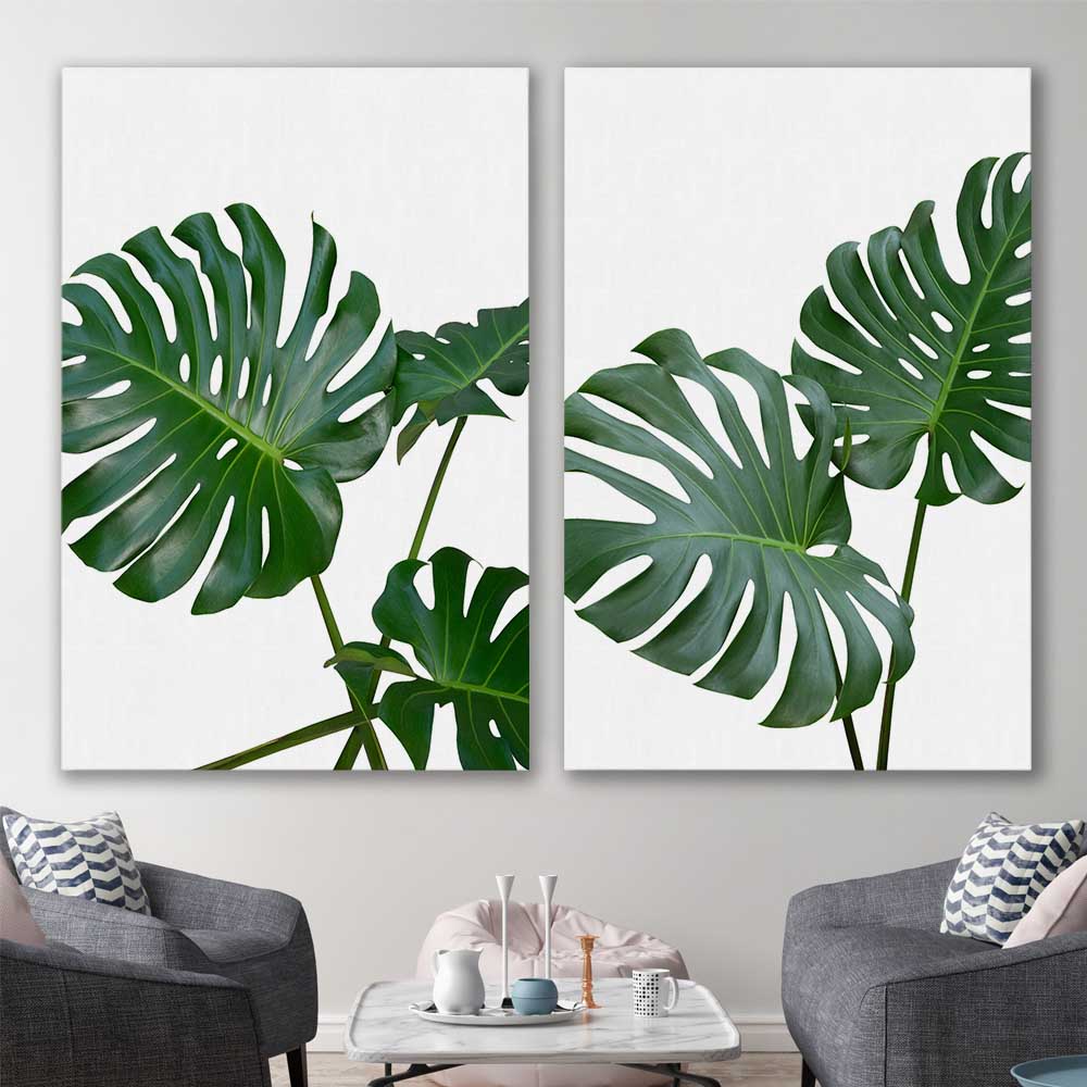 Floral print of Monstera Leaf Pair on a stretched canvas displayed in a room