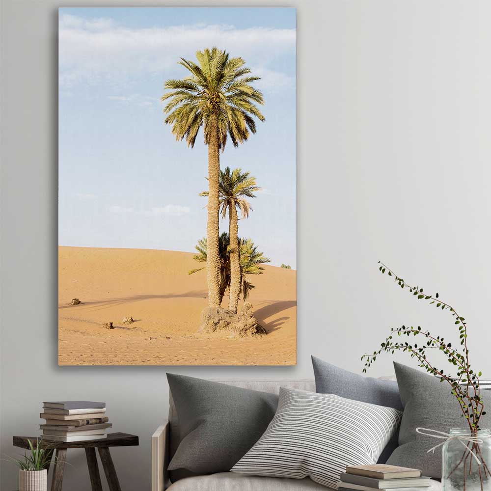 Floral print of Moroccan Palms on a stretched canvas displayed in a room