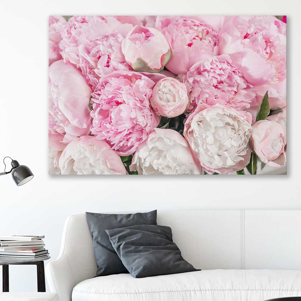 Floral print of Peony Bouquet on a stretched canvas displayed in a room