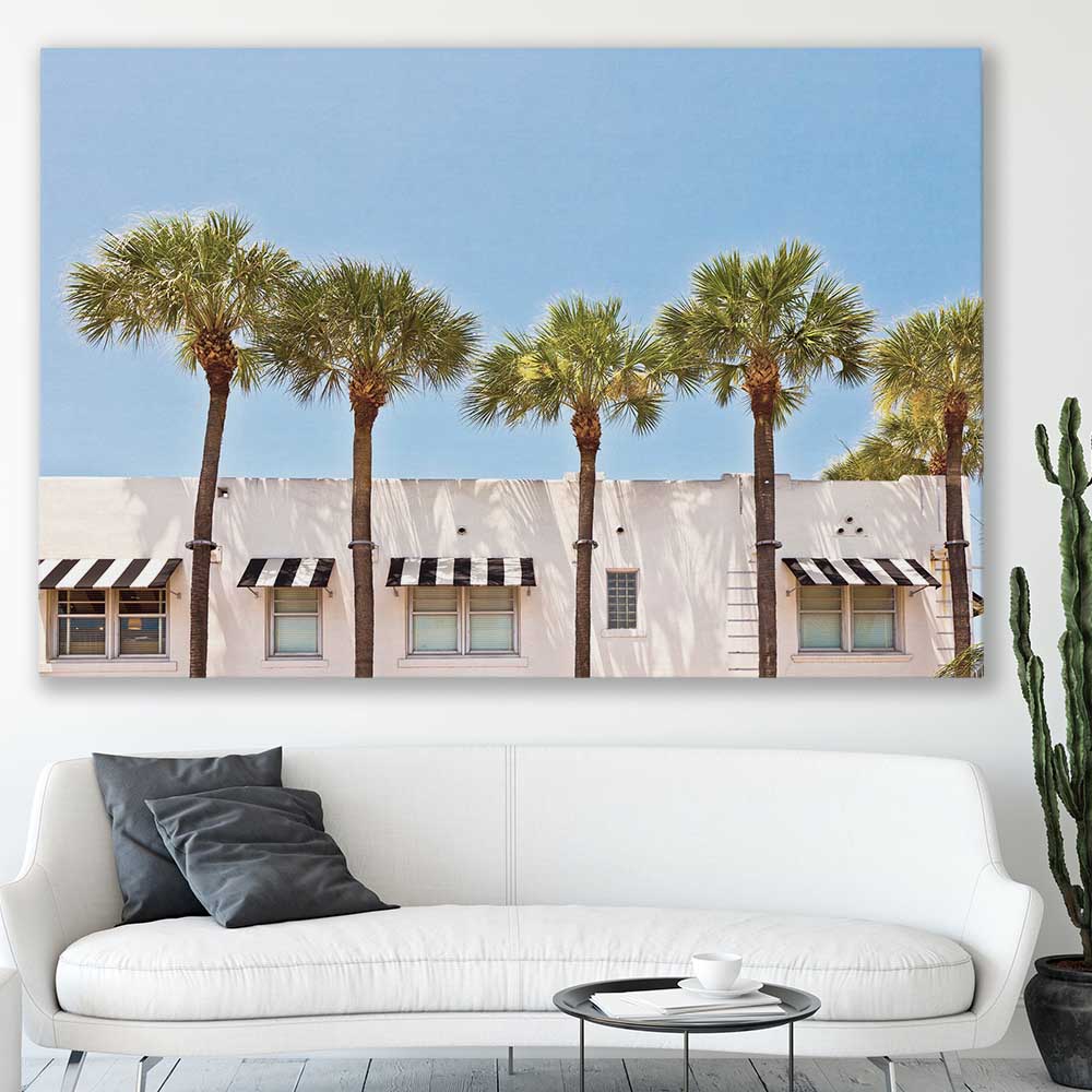 Floral print of South Miami Palms on a stretched canvas displayed in a room