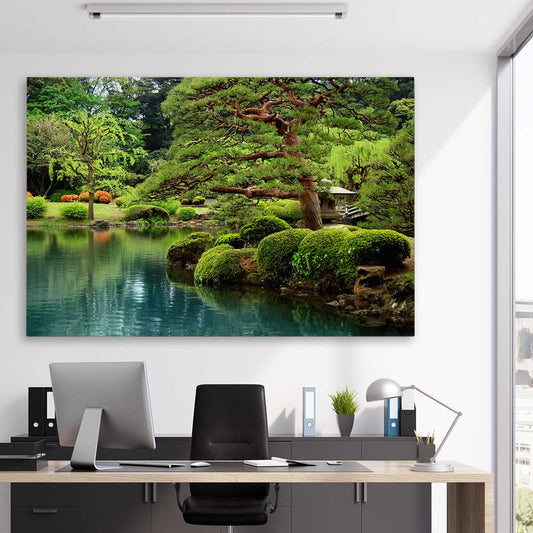 Floral print of Tokyo Bonsai Lake on a stretched canvas displayed in a room