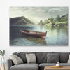 Floral print of Tranquil Wooden Boat on a stretched canvas displayed in a room