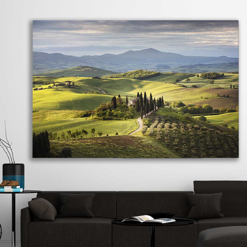 Floral print of Tuscan Countryside on a stretched canvas displayed in a room