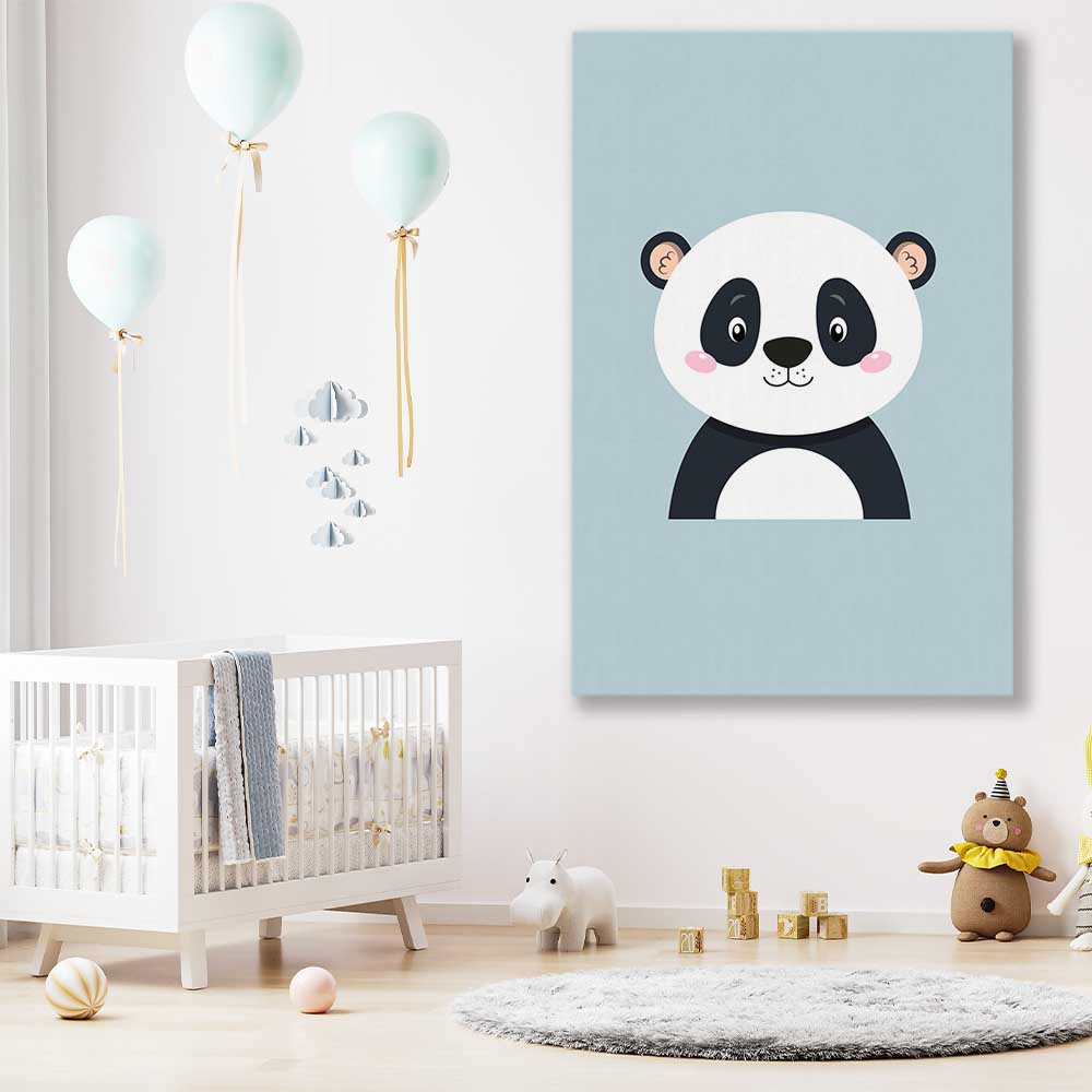 Friendly Panda stretched canvas displayed in a room is a nursery canvas wall art and print suited for childrens nursery area