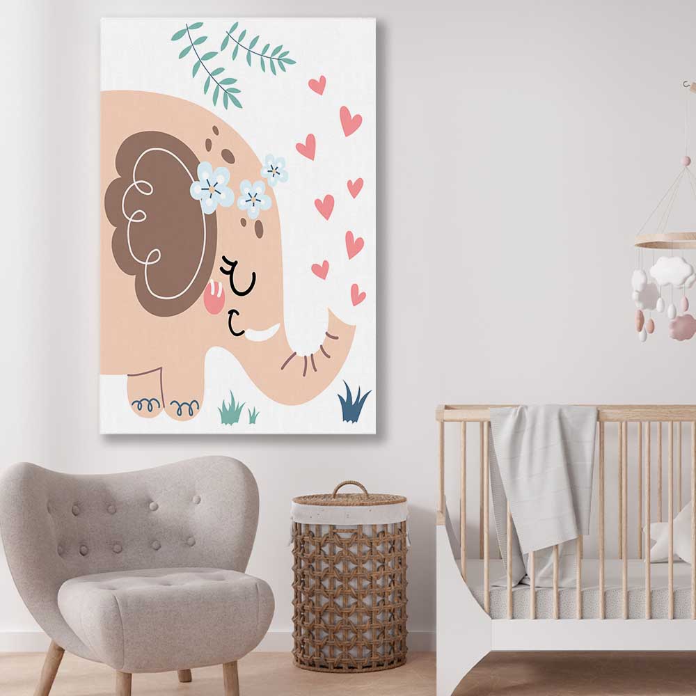 Loving Elephant stretched canvas displayed in a room is a nursery canvas wall art and print suited for childrens nursery area