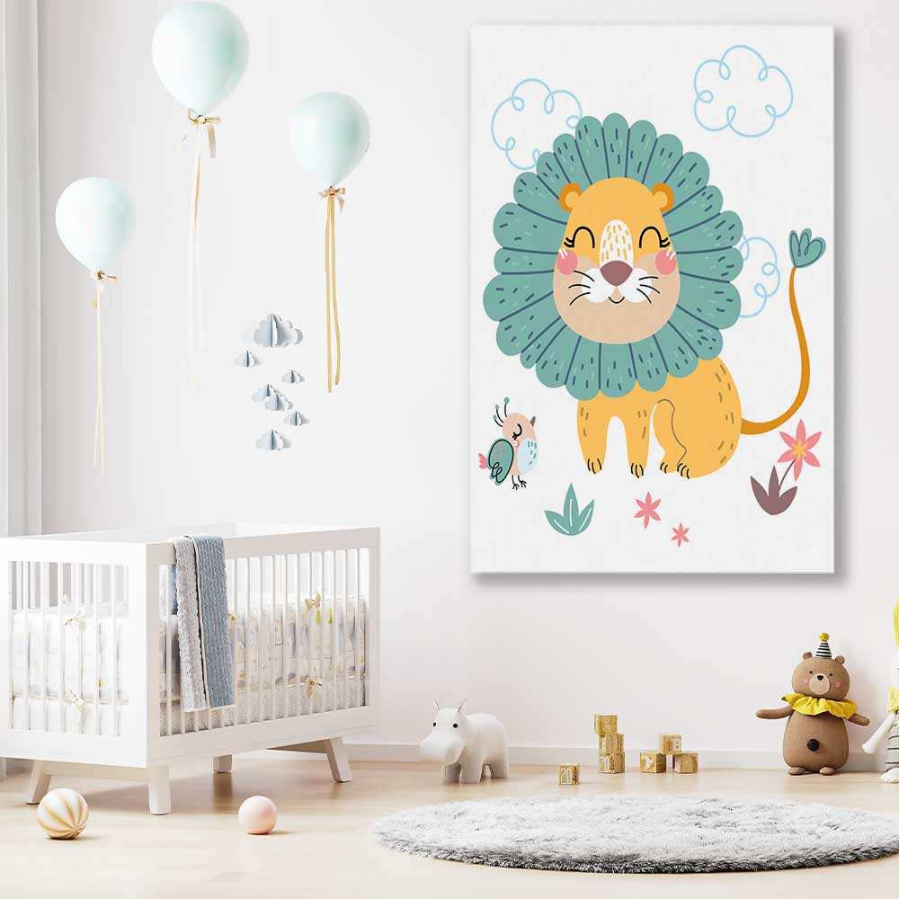 Safari Lion stretched canvas displayed in a room is a nursery canvas wall art and print suited for childrens nursery area