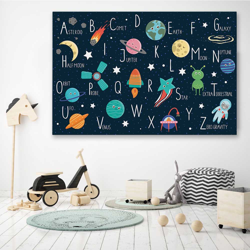 Space Alphabet stretched canvas displayed in a room is a nursery canvas wall art and print suited for childrens nursery area