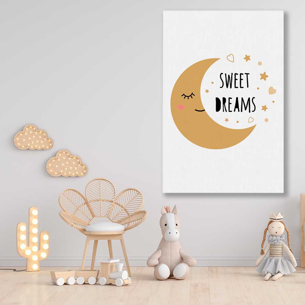Sweet Dreams stretched canvas displayed in a room is a nursery canvas wall art and print suited for childrens nursery area