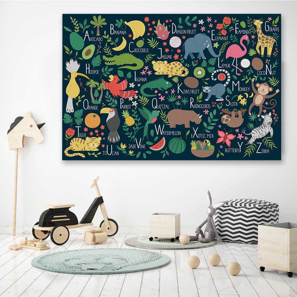 Tropical Alphabet stretched canvas displayed in a room is a nursery canvas wall art and print suited for childrens nursery area