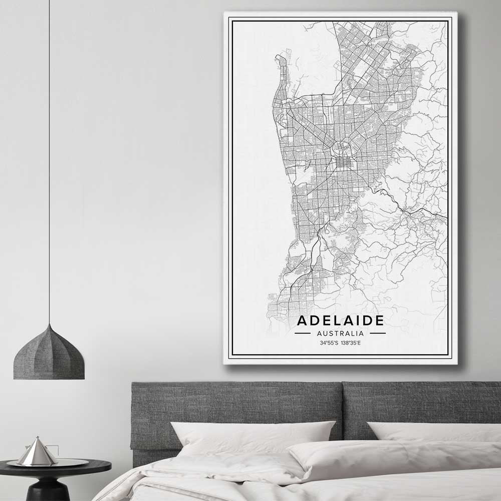 Adelaide City stretched canvas displayed in a room is a high quality print in our city skyline, travel prints and maps collection