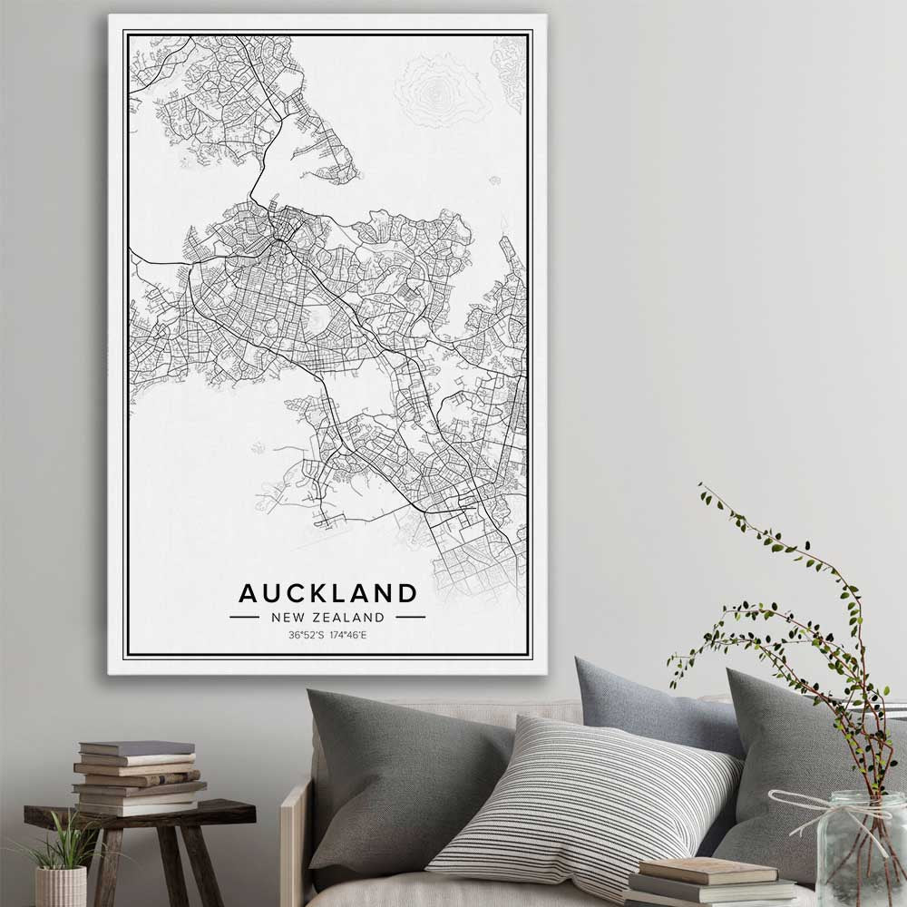 Auckland City stretched canvas displayed in a room is a high quality print in our city skyline, travel prints and maps collection