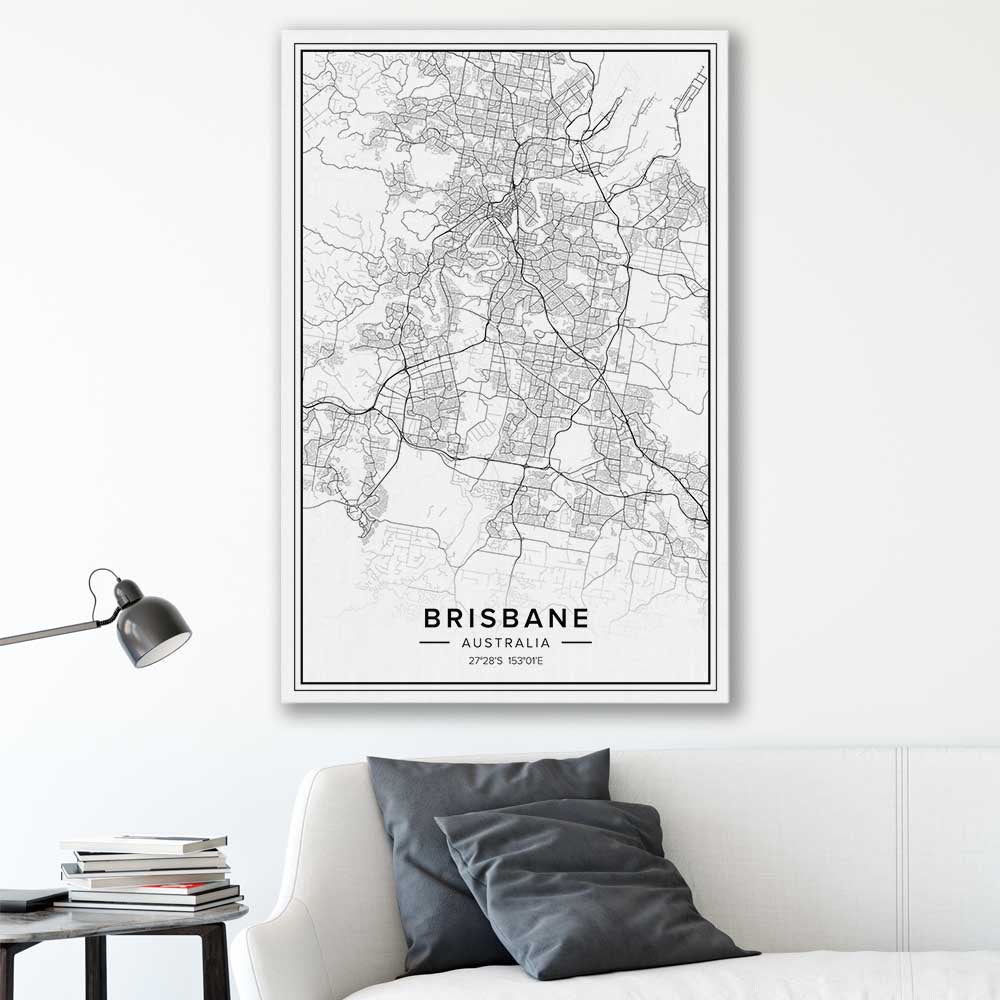 Brisbane City stretched canvas displayed in a room is a high quality print in our city skyline, travel prints and maps collection