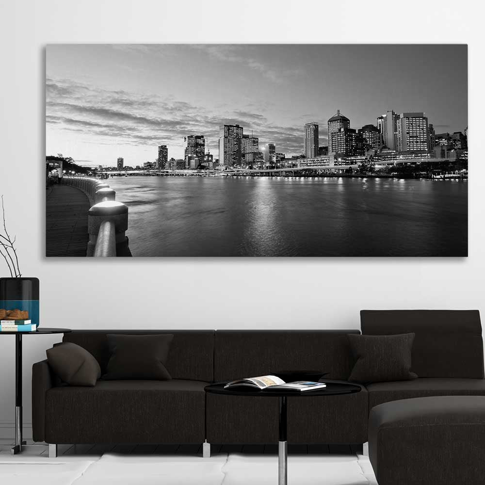Brisbane Skyline stretched canvas displayed in a room is a high quality print in our city skyline, travel prints and maps collection