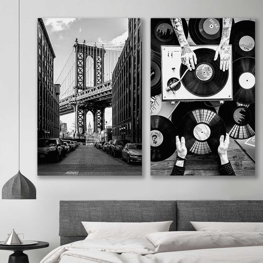 Manhattan Bridge Pair stretched canvas displayed in a room is a high quality print in our city skyline, travel prints and maps collection