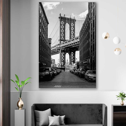 Manhattan Bridge stretched canvas displayed in a room is a high quality print in our city skyline, travel prints and maps collection