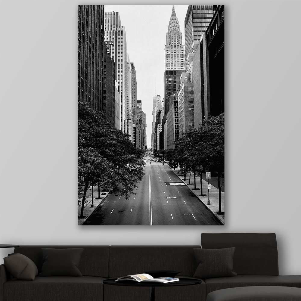 Manhattan Street stretched canvas displayed in a room is a high quality print in our city skyline, travel prints and maps collection