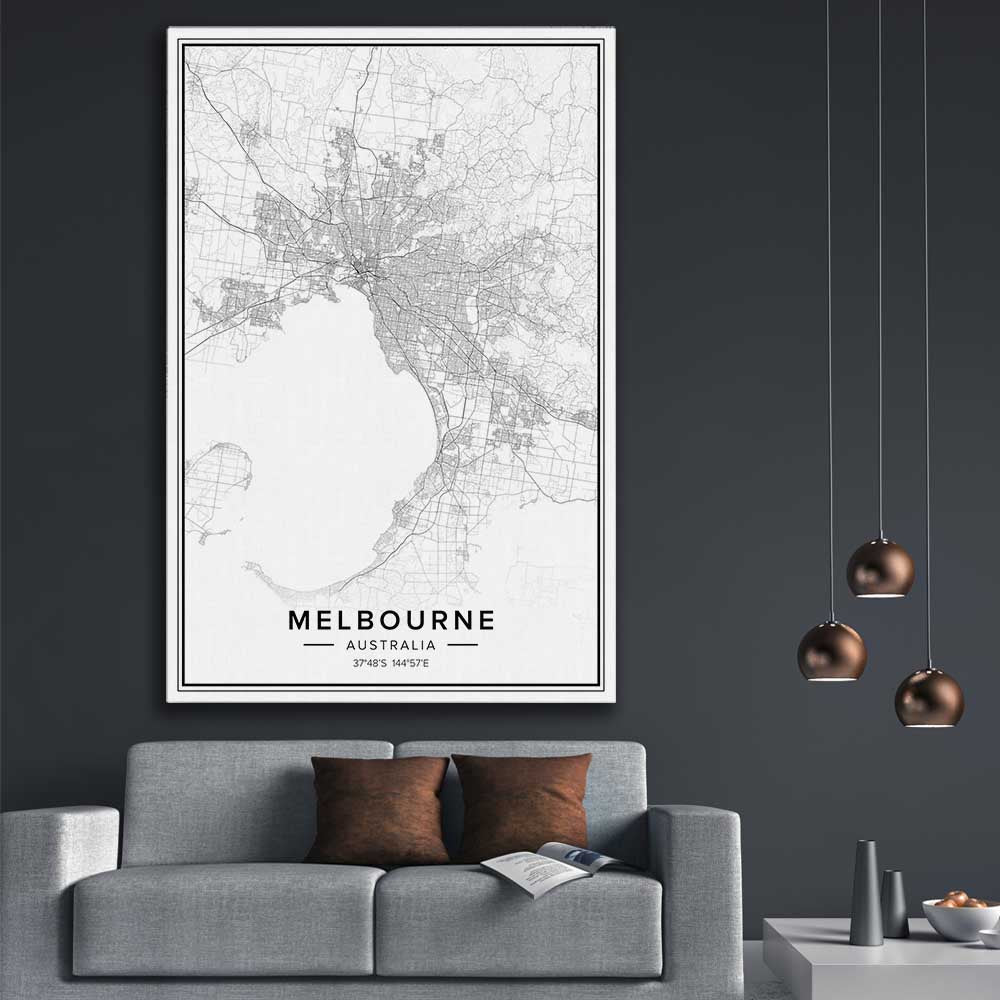 Melbourne City stretched canvas displayed in a room is a high quality print in our city skyline, travel prints and maps collection