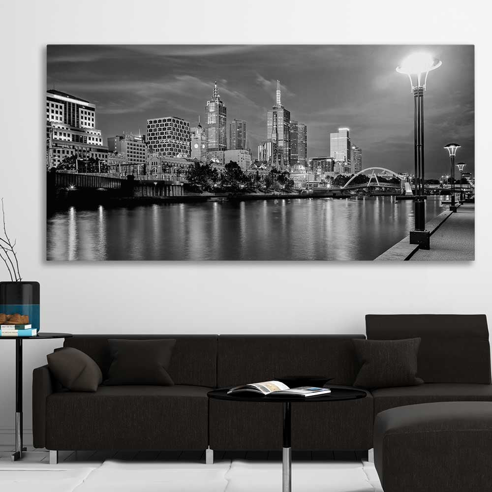 Melbourne Skyline stretched canvas displayed in a room is a high quality print in our city skyline, travel prints and maps collection