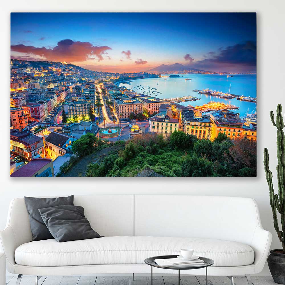 Naples City Lights stretched canvas displayed in a room is a high quality print in our city skyline, travel prints and maps collection