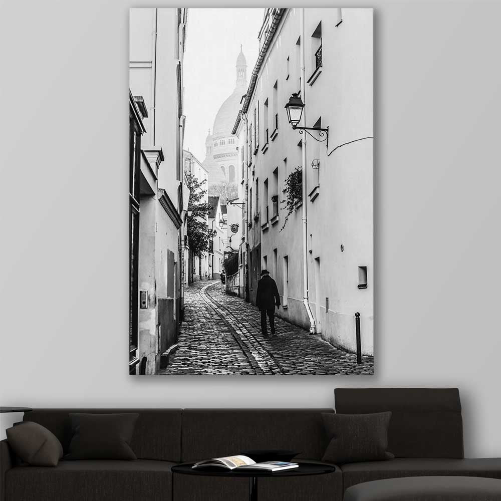 Paris Alley stretched canvas displayed in a room is a high quality print in our city skyline, travel prints and maps collection