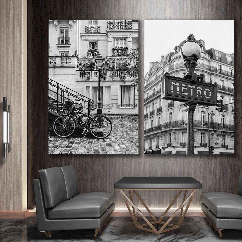 Paris Bicycle Pair stretched canvas displayed in a room is a high quality print in our city skyline, travel prints and maps collection