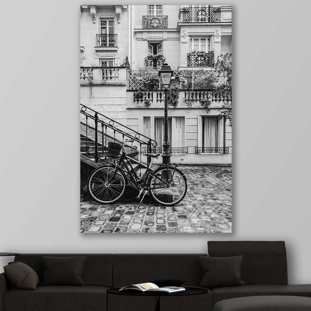 Paris Bicycle stretched canvas displayed in a room is a high quality print in our city skyline, travel prints and maps collection