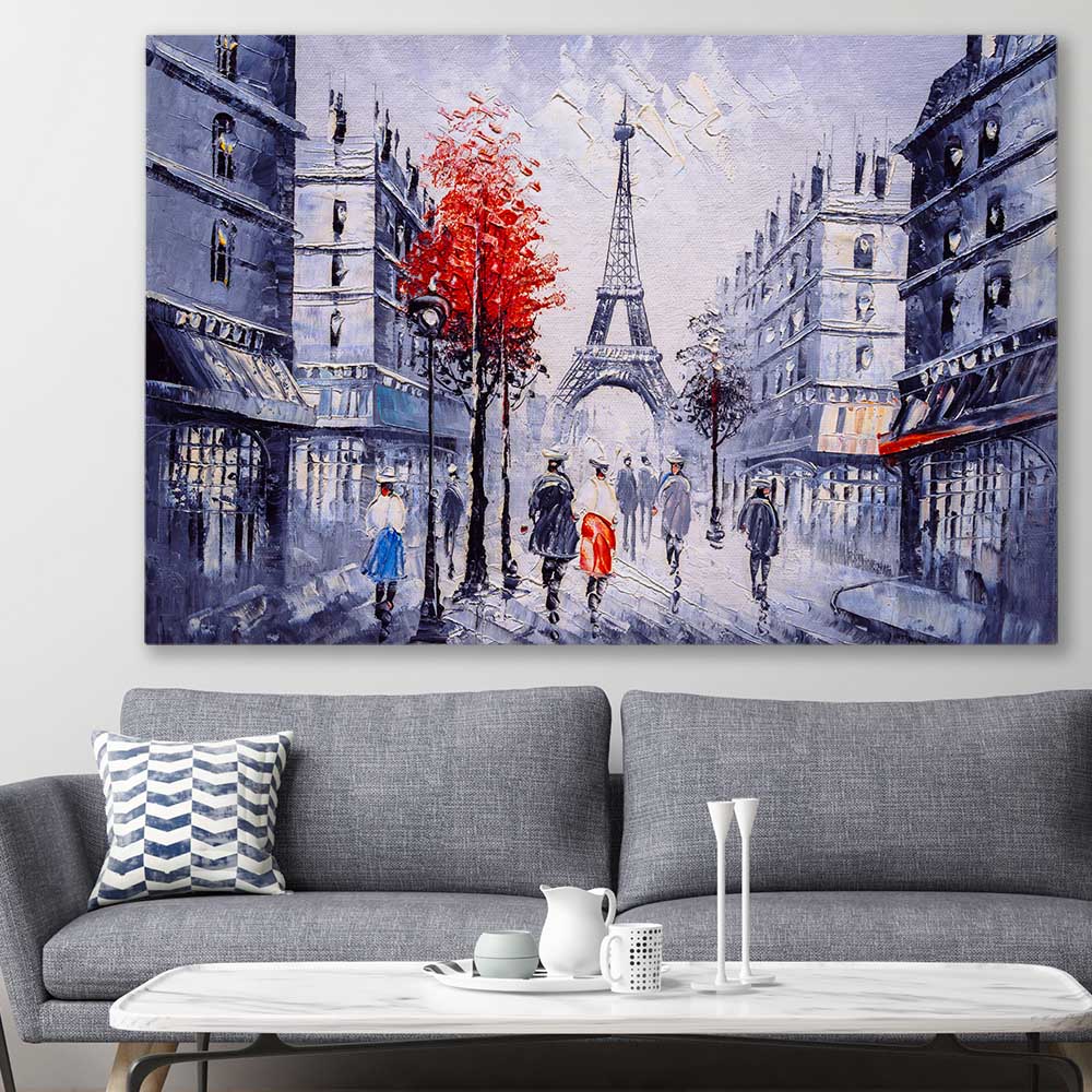 Paris Street View stretched canvas displayed in a room is a high quality print in our city skyline, travel prints and maps collection